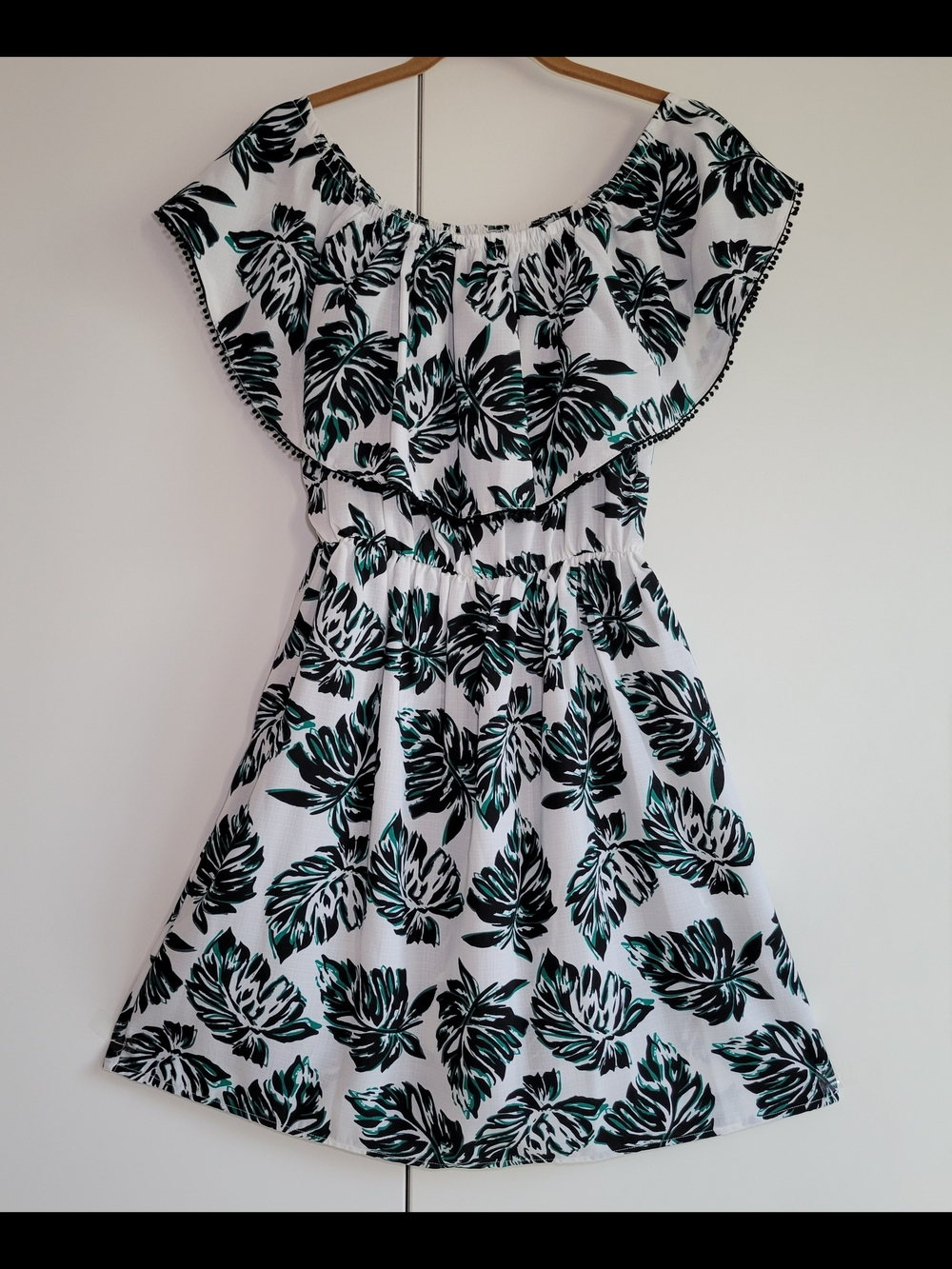 Design Lab White Dress with Black and Teal Leaf Print